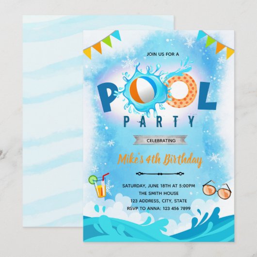 Uitnodiging voor verjaardagsfeestje zwembad in de  (Voorkant / Achterkant)