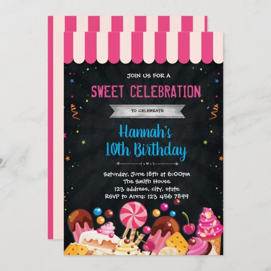 Uitnodiging voor verjaardagsfeestjes in Sweet-wink (Voorkant / Achterkant)