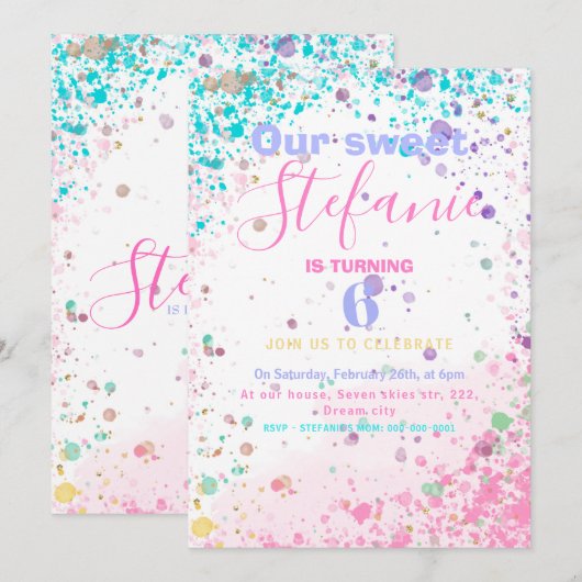 Uitnodiging voor verjaardagsfeestjes voor kleurrij (Voorkant / Achterkant)