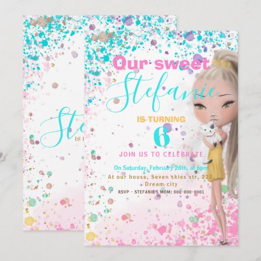 Uitnodiging voor verjaardagsfeestjes voor kleurrij (Voorkant / Achterkant)