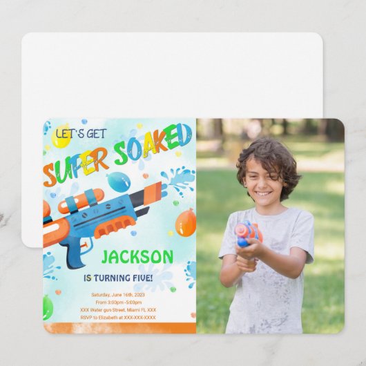 Uitnodiging voor verjaardagsfoto met waterpistool (Voorkant / Achterkant)