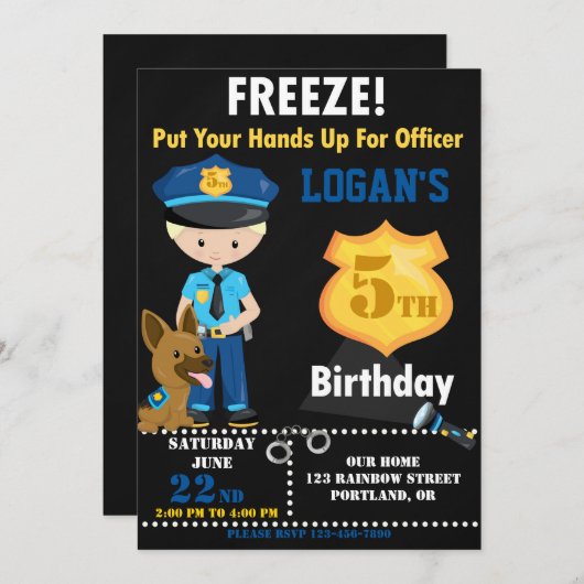 Uitnodiging voor verjaardagsuitnodiging van politi (Voorkant / Achterkant)