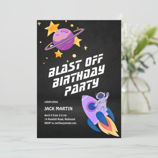 Uitnodiging voor verjaardagsverjaardag met ruimtet (Staand voorkant)