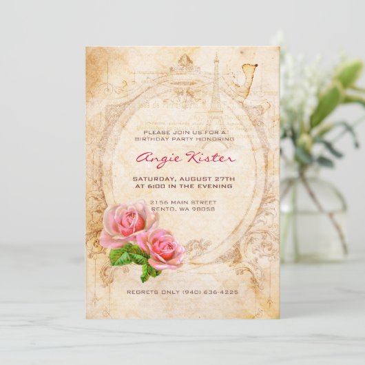  uitnodiging voor Victoriaans Rozen van Birthday (Staand voorkant)