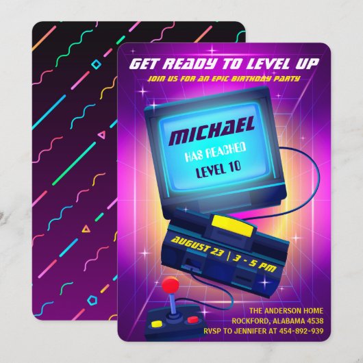 Uitnodiging voor Videogame Birthday Party (Voorkant / Achterkant)