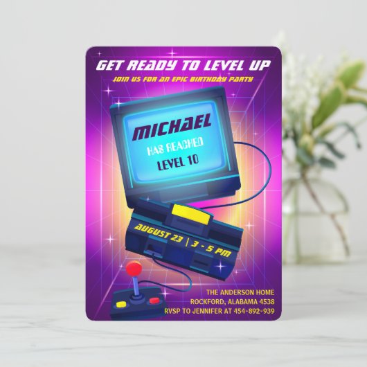 Uitnodiging voor Videogame Birthday Party (Staand voorkant)