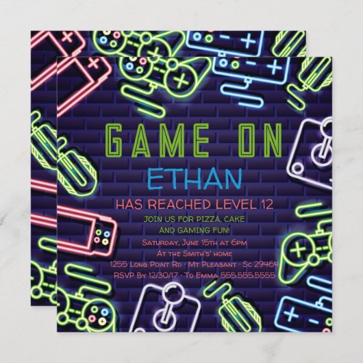 Uitnodiging voor videogame level up verjaardagsfee (Voorkant / Achterkant)