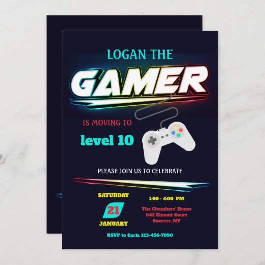 Uitnodiging voor videogamefeestje (Voorkant / Achterkant)