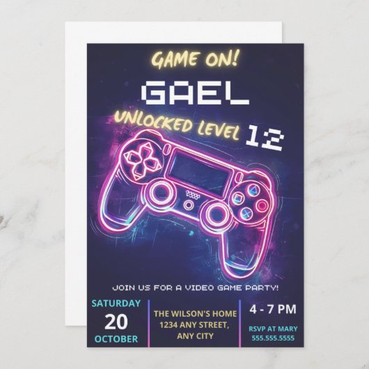 Uitnodiging voor videogamefeestje, verjaardagsuitn (Voorkant / Achterkant)