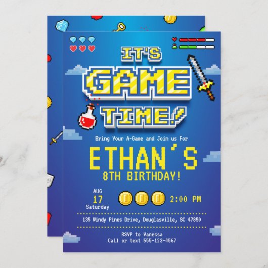 Uitnodiging voor videogames, gamer party, videogam (Voorkant / Achterkant)