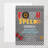 Uitnodiging voor vier speed verjaardagsfeestje (Voorkant / Achterkant)