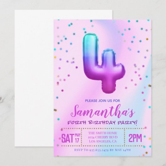 Uitnodiging voor Vierde Eenhoorn Verjaardagsfeest (Voorkant / Achterkant)