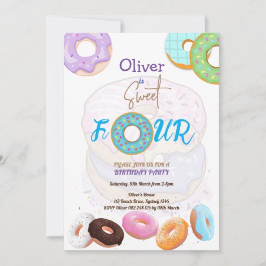 Uitnodiging voor vierde verjaardag Donut (Voorkant)
