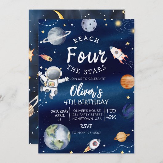 Uitnodiging voor vierde verjaardag in de buitenrui (Voorkant / Achterkant)