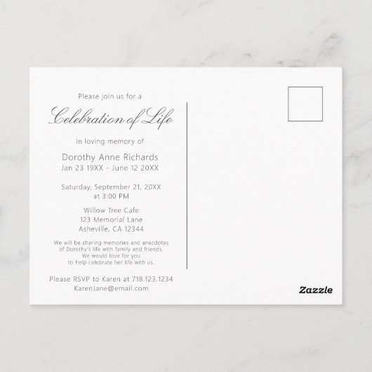 Uitnodiging voor viering van het leven met foto en (Achterkant)