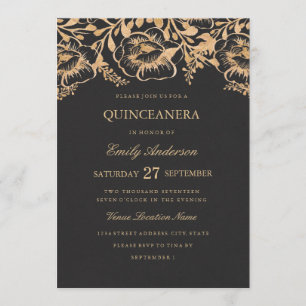 Uitnodiging voor Vintage Gouden Bloem Quinceanera