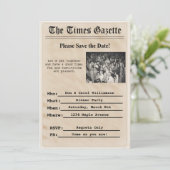 Uitnodiging voor vintage krantenfeestje (Staand voorkant)