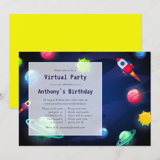 Uitnodiging voor virtuele-verjaardagsfeestruimte (Voorkant / Achterkant)