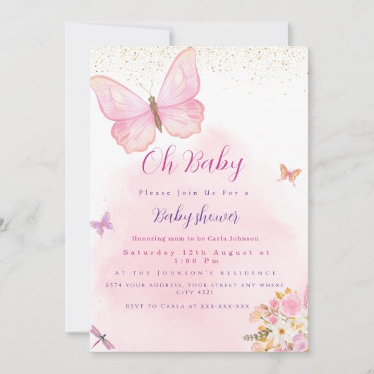 Uitnodiging voor vlinderbloemig en bloemig baby sh (Voorkant)