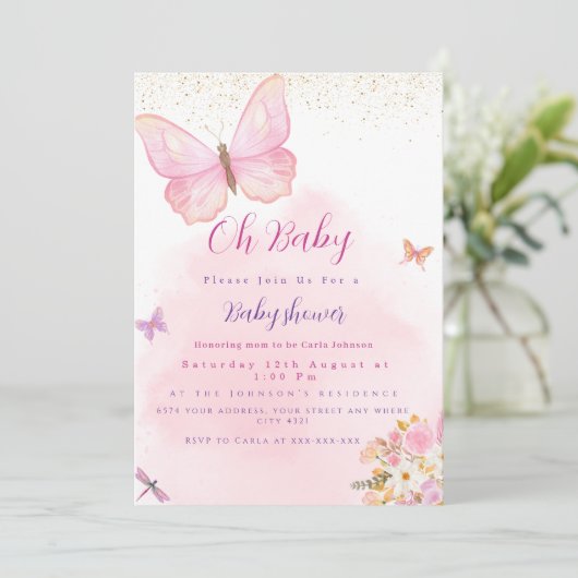 Uitnodiging voor vlinderbloemig en bloemig baby sh (Staand voorkant)
