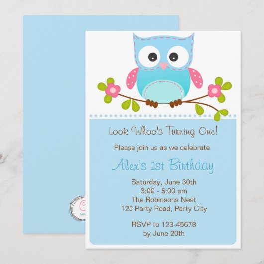 Uitnodiging voor vogels - Jongen 1ste verjaardag / (Voorkant / Achterkant)