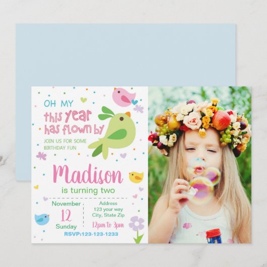 Uitnodiging voor vogelverjaardag met foto (Voorkant / Achterkant)