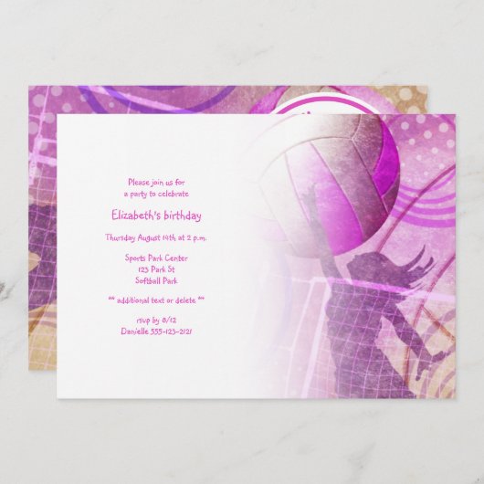 Uitnodiging voor volleybalfeest op roze meisjes (Voorkant / Achterkant)