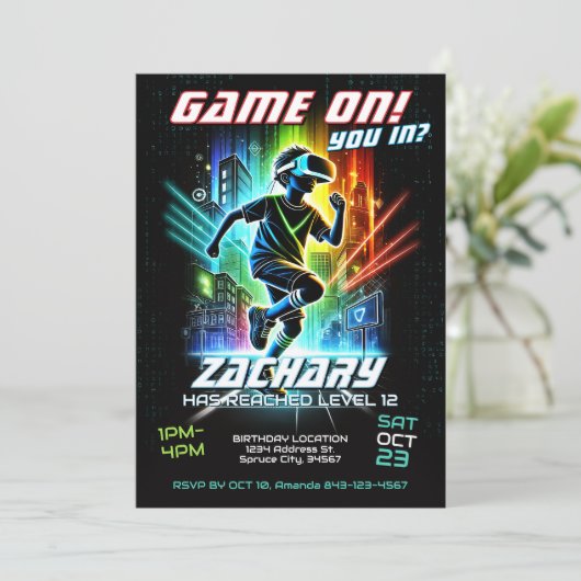 Uitnodiging voor VR-verjaardagsgokfeest Uitnodigin (Staand voorkant)