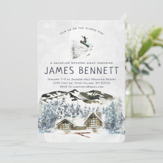 Uitnodiging voor vrijgezellen weekend skitrip (Staand voorkant)