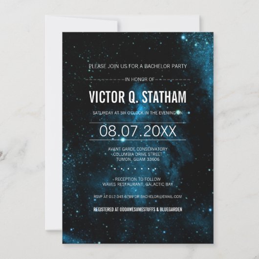 Uitnodiging voor vrijgezellenfeest in de Galaxy (Voorkant)
