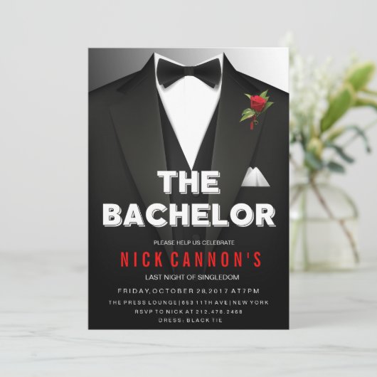 Uitnodiging voor vrijgezellenfeest in smoking (Staand voorkant)