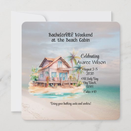 Uitnodiging voor vrijgezellenfeest in strandhuis (Voorkant)