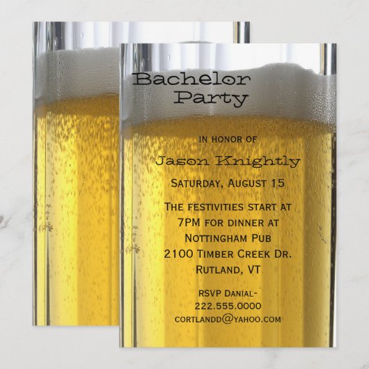 Uitnodiging voor vrijgezellenfeest met glas bier (Voorkant / Achterkant)