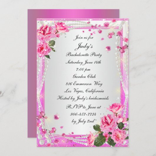 Uitnodiging voor vrijgezellenfeest met roze rozen  (Voorkant / Achterkant)