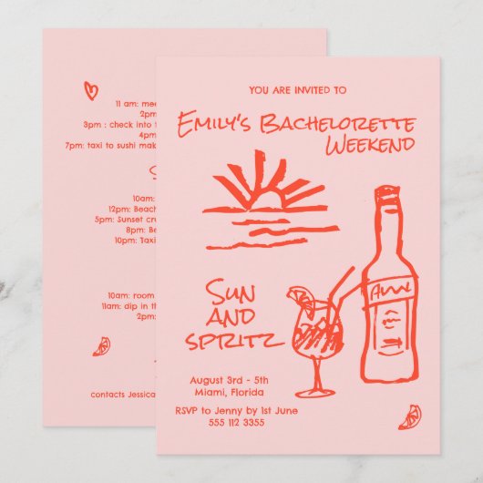 Uitnodiging voor vrijgezellenfeest met zon en spri (Voorkant / Achterkant)