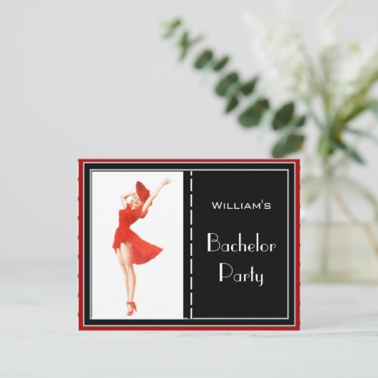 Uitnodiging voor vrijgezellenfeest rood zwart wit (Staand voorkant)