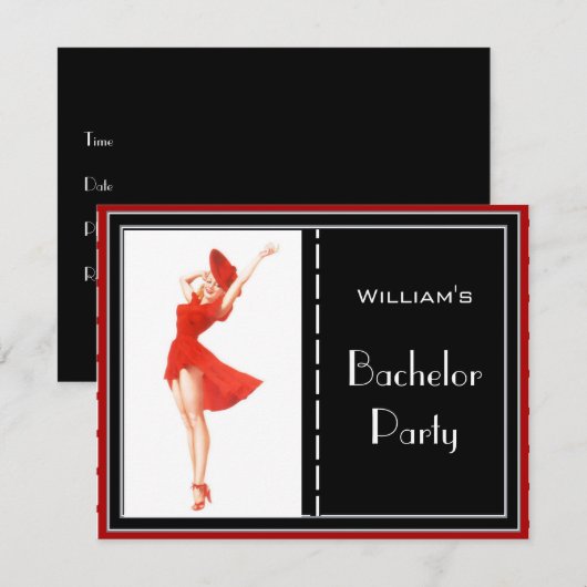 Uitnodiging voor vrijgezellenfeest rood zwart wit (Voorkant / Achterkant)