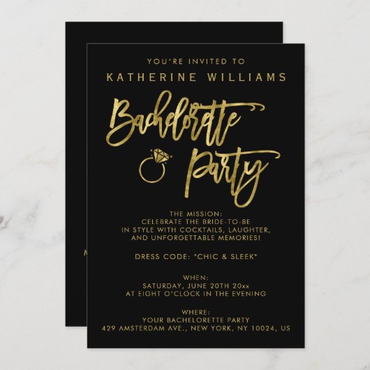 Uitnodiging voor vrijgezellenfeest zwart en namaig (Voorkant / Achterkant)