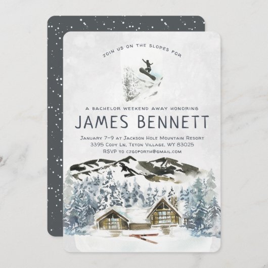 Uitnodiging voor vrijgezellenweekend skitrip (Voorkant / Achterkant)
