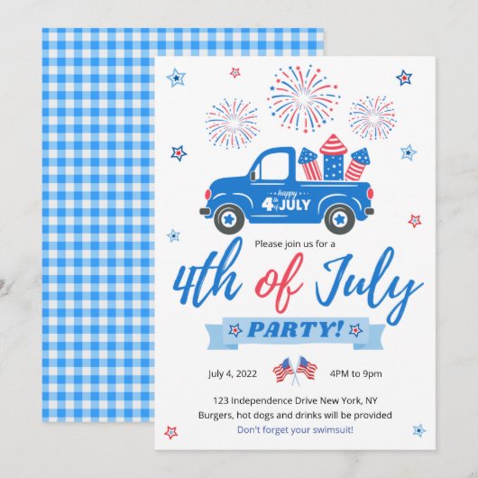 Uitnodiging voor vuurwerkfeest op 4 juli (Voorkant / Achterkant)