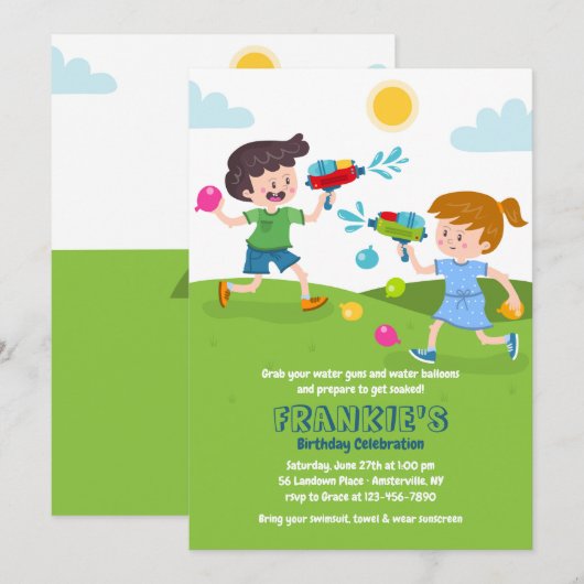 Uitnodiging voor watergevecht in kind (Voorkant / Achterkant)