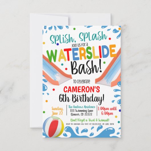 Uitnodiging voor Waterglijbaan Feestje (Voorkant)