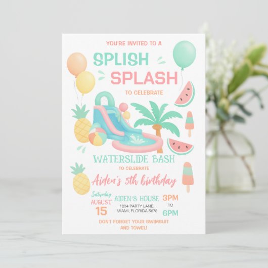 Uitnodiging voor Waterglijbaan Verjaardagsfeest (Staand voorkant)