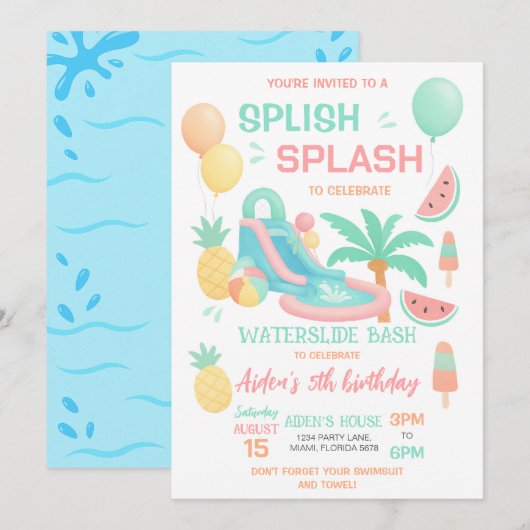 Uitnodiging voor Waterglijbaan Verjaardagsfeestje (Voorkant / Achterkant)