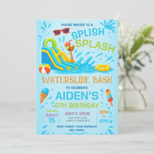 Uitnodiging voor Waterglijbaanfeest, verjaardagsfe (Staand voorkant)