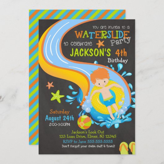 Uitnodiging voor waterslide verjaardagsfeest / Zwe (Voorkant / Achterkant)