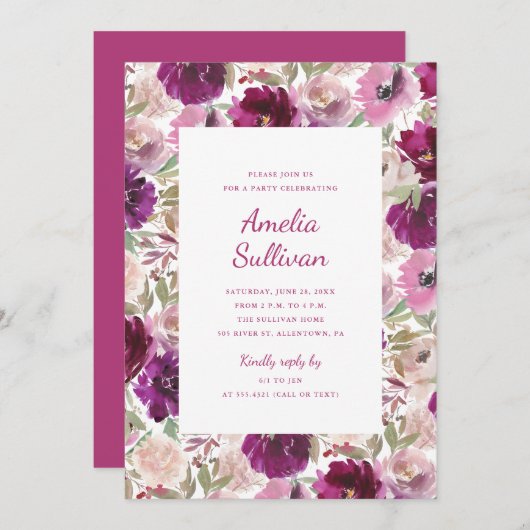 Uitnodiging voor waterverf bloemenfeest (Voorkant / Achterkant)