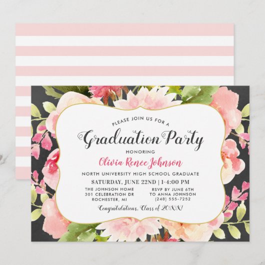 Uitnodiging voor waterverf bloemengraduatefeest (Voorkant / Achterkant)