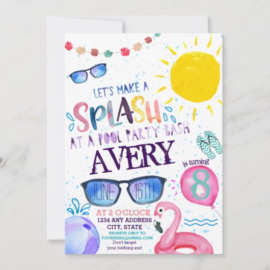 Uitnodiging voor waterverf Pool Party (Voorkant)