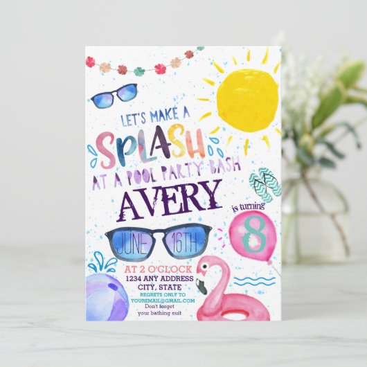 Uitnodiging voor waterverf Pool Party (Staand voorkant)